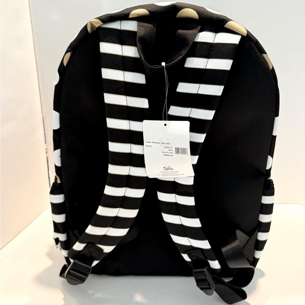 Justice  Exclusive "Just Be You" Gold & White Polka-dot & Strip Backpack bag - Picture 8 of 16